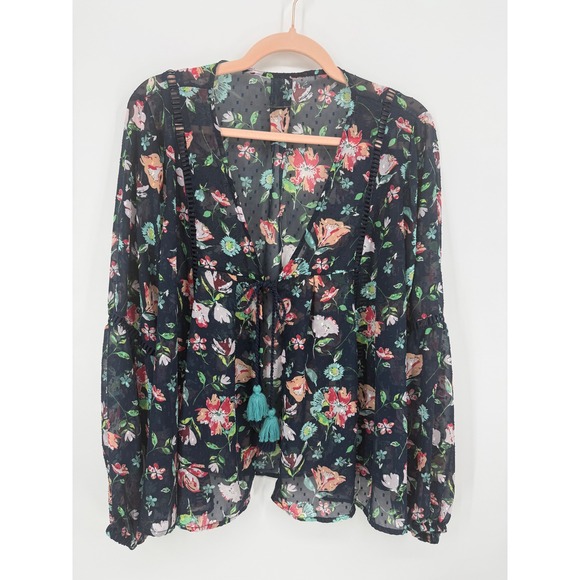 Unknown Tops - Floral Blouse Womens XL Blue Cove Sheer Tie Front Tassel Boho Festival  Cottage